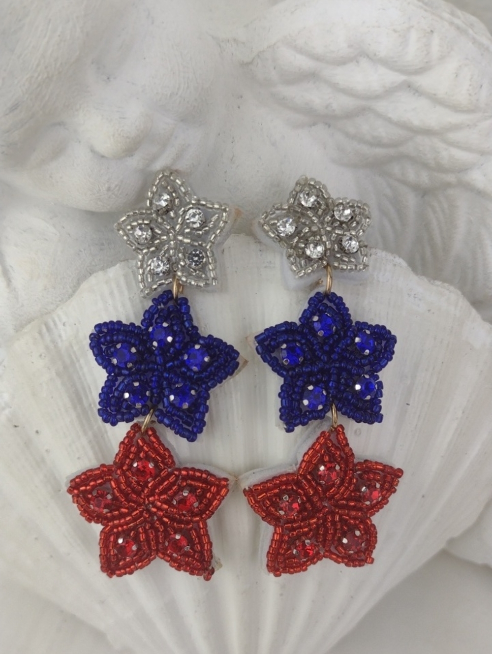 Triple Star Sparkly Bead Red White (Silver) & Blue Drop Earrings
